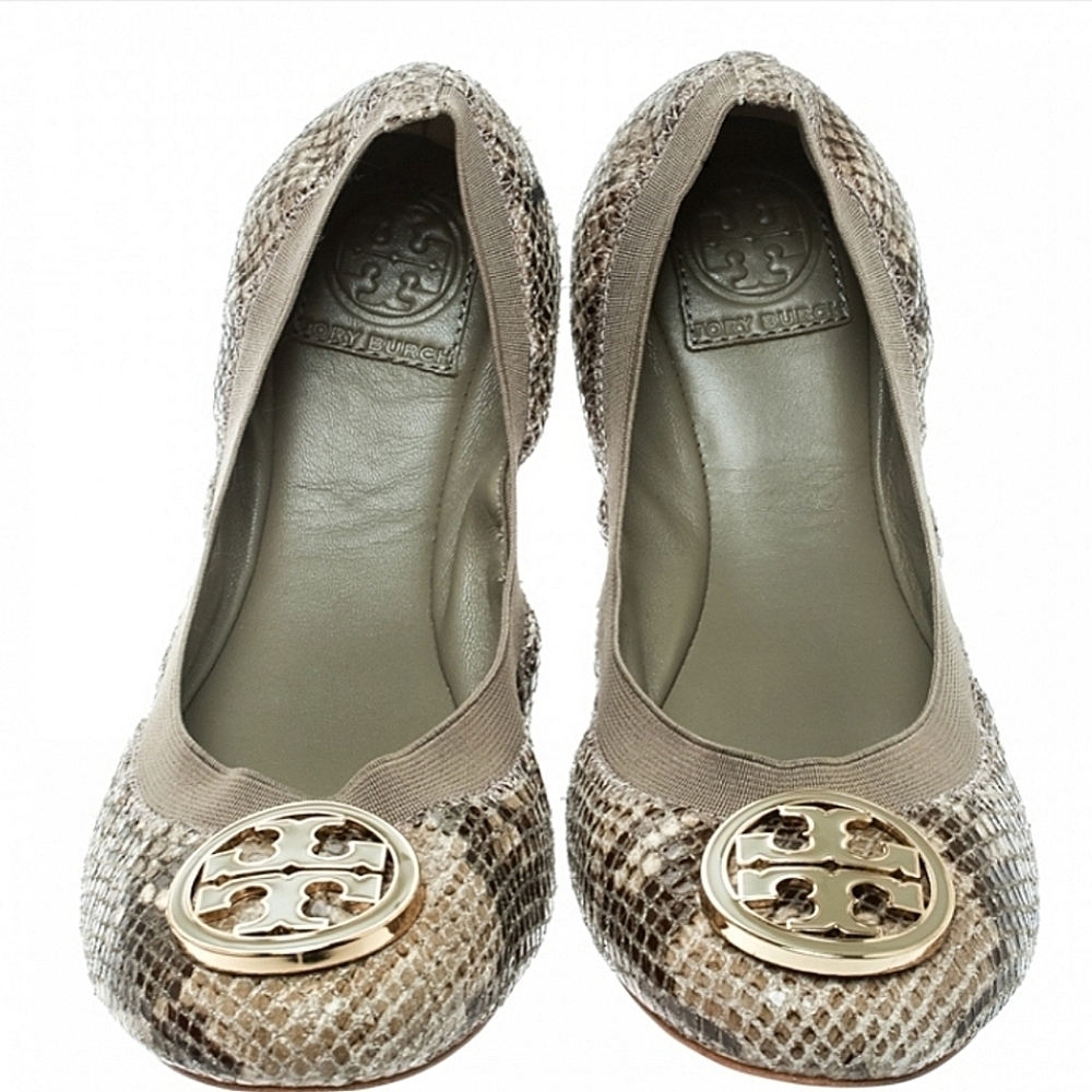 Tory Burch Green/Grey Embossed Snakeskin Leather Caroline Ballet Flats.Size 9M🌴